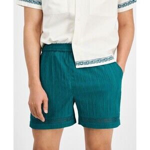 Native Youth Men's Relaxed-Fit Textured Seersucker Shorts Green Teal 34